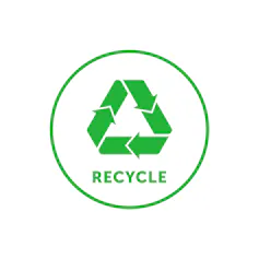 green circle with green triangle recycling symbol and words 'recycle' in caps