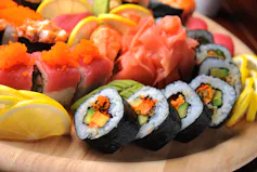 sushi on a plate, colourful with orange salmon fish