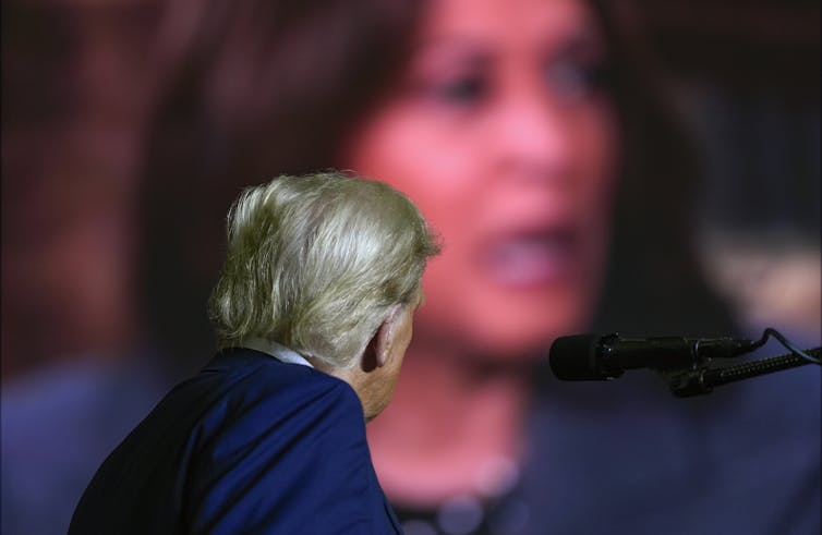 The back of a man's head with blond-grey hair watching a video of a dark-haired woman on a large screen.