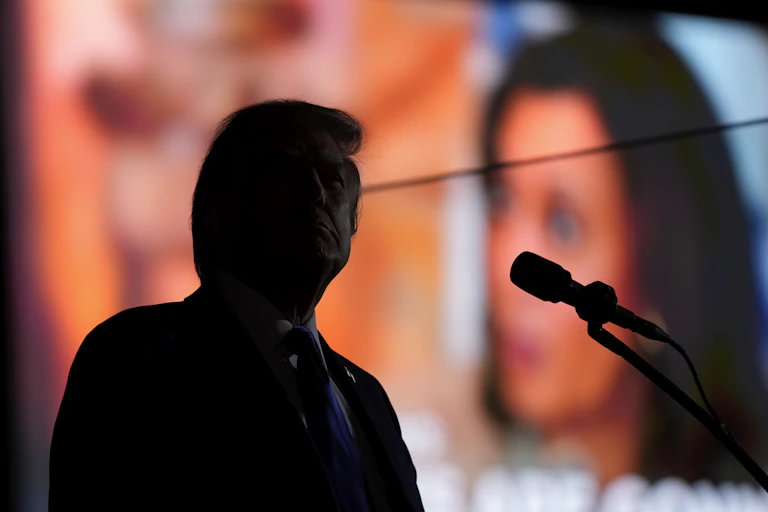 A man is in silhouette in front of a giant screen with a dark-haired woman visible.