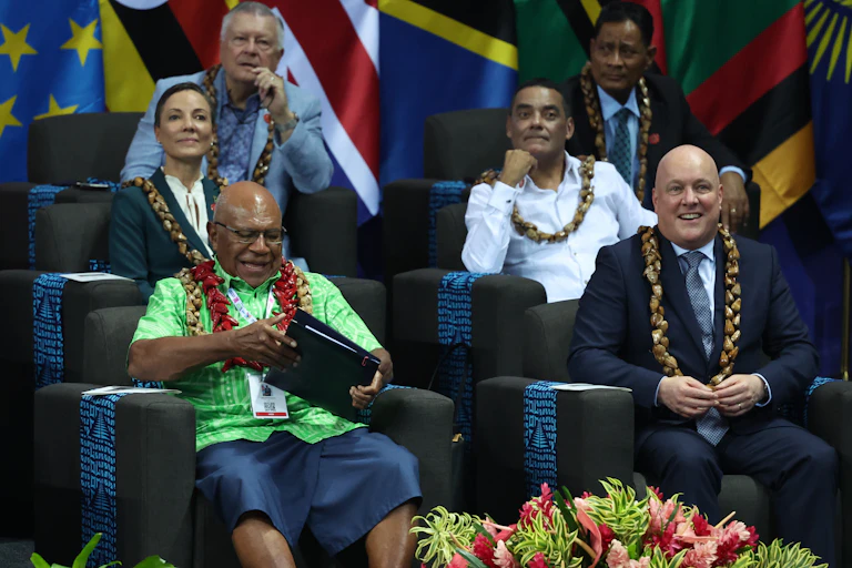 Sitiveni Rabuka, Prime Minister of Fiji (left) and New Zealand Prime Minister Christopher Luxon (right) attending the Chommonwealth leaders meeting in Samoa.