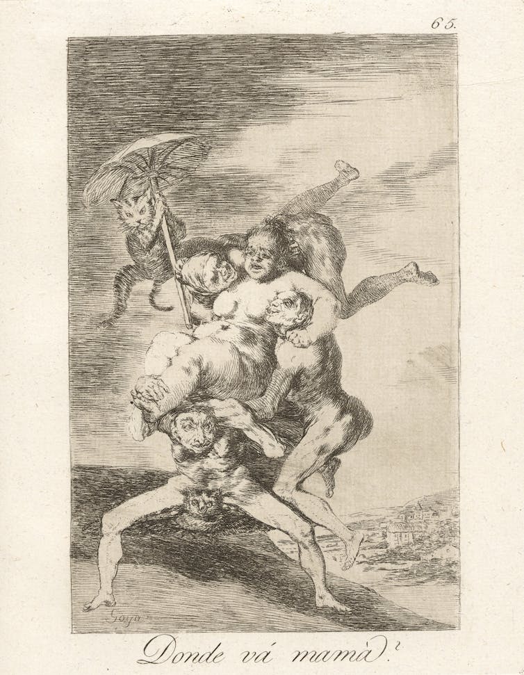 A cat holds an umbrella in a very strange etching.