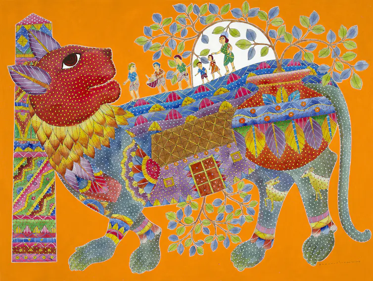A colourful Indian painting of a cat.