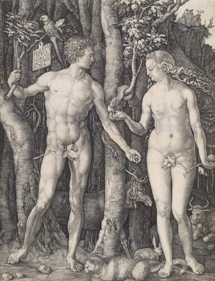 Adam and Eve, a cat at their feet.