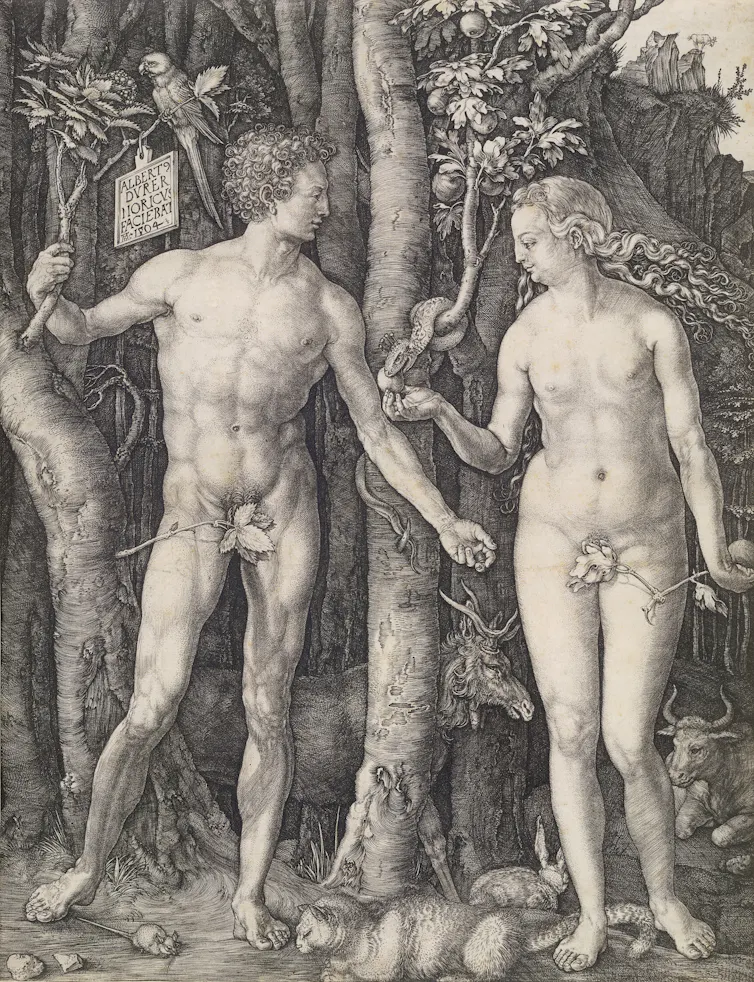 Adam and Eve, a cat at their feet.