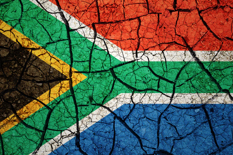 South African flag with a pattern like cracked dried mud overlaid on it
