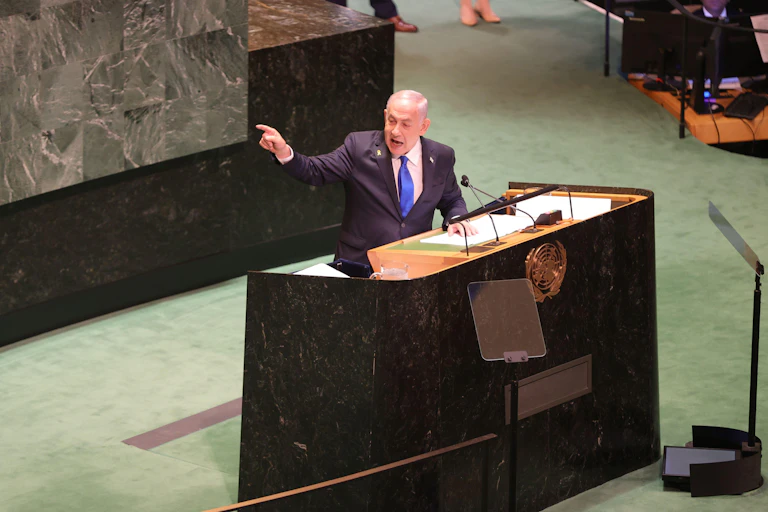 Israeli prime minister Benjamin Netanyahu gestures as he speaks at the United Nations general assembly, September 2024.