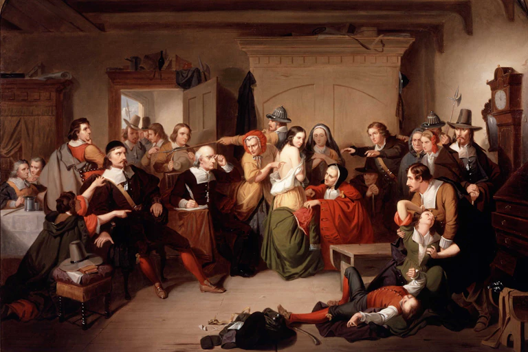 The Examination of a Witch, an 1853 painting that depicts the trial of Quaker preacher Mary Fisher in 1656 who is having her back inspected by a witch-finder.