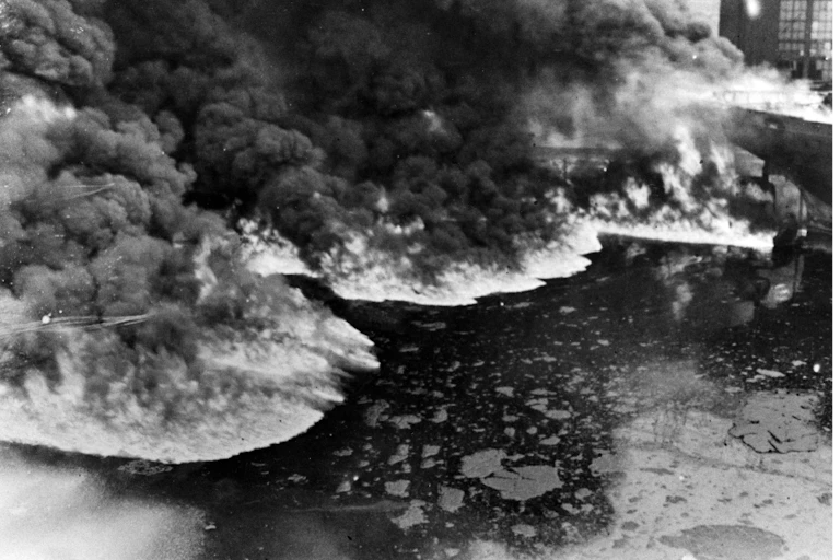A fire burning on the Cuyahoga River.