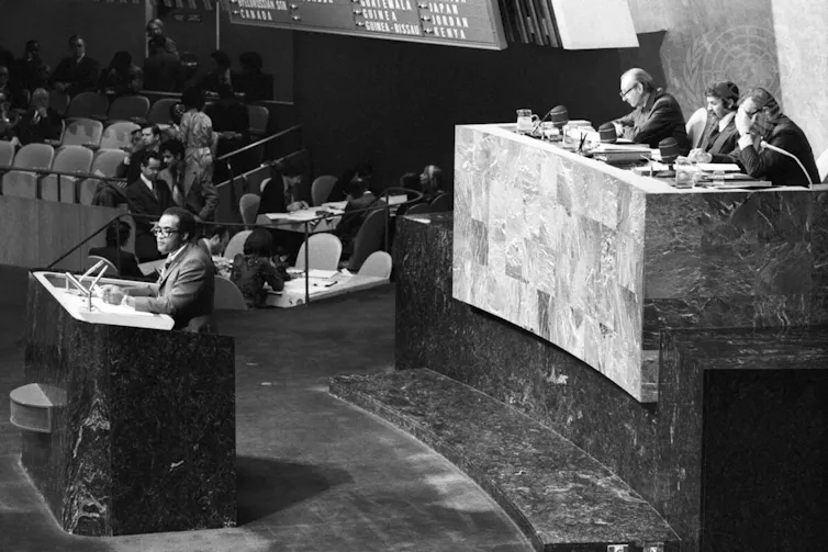 Tanzanian ambasador to the UN, Salim A. Salim, speaking to the UN general assembly, November 1974.