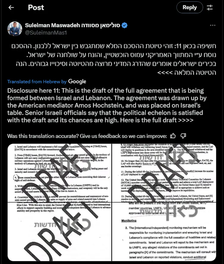 Screenshot of a post on X by Kann reporter, Suleiman Maswadeh, with details of a proposed Middle East peace deal