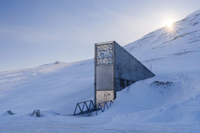 A rectangular shaft decorated with an artwork projects from a snowy hillside