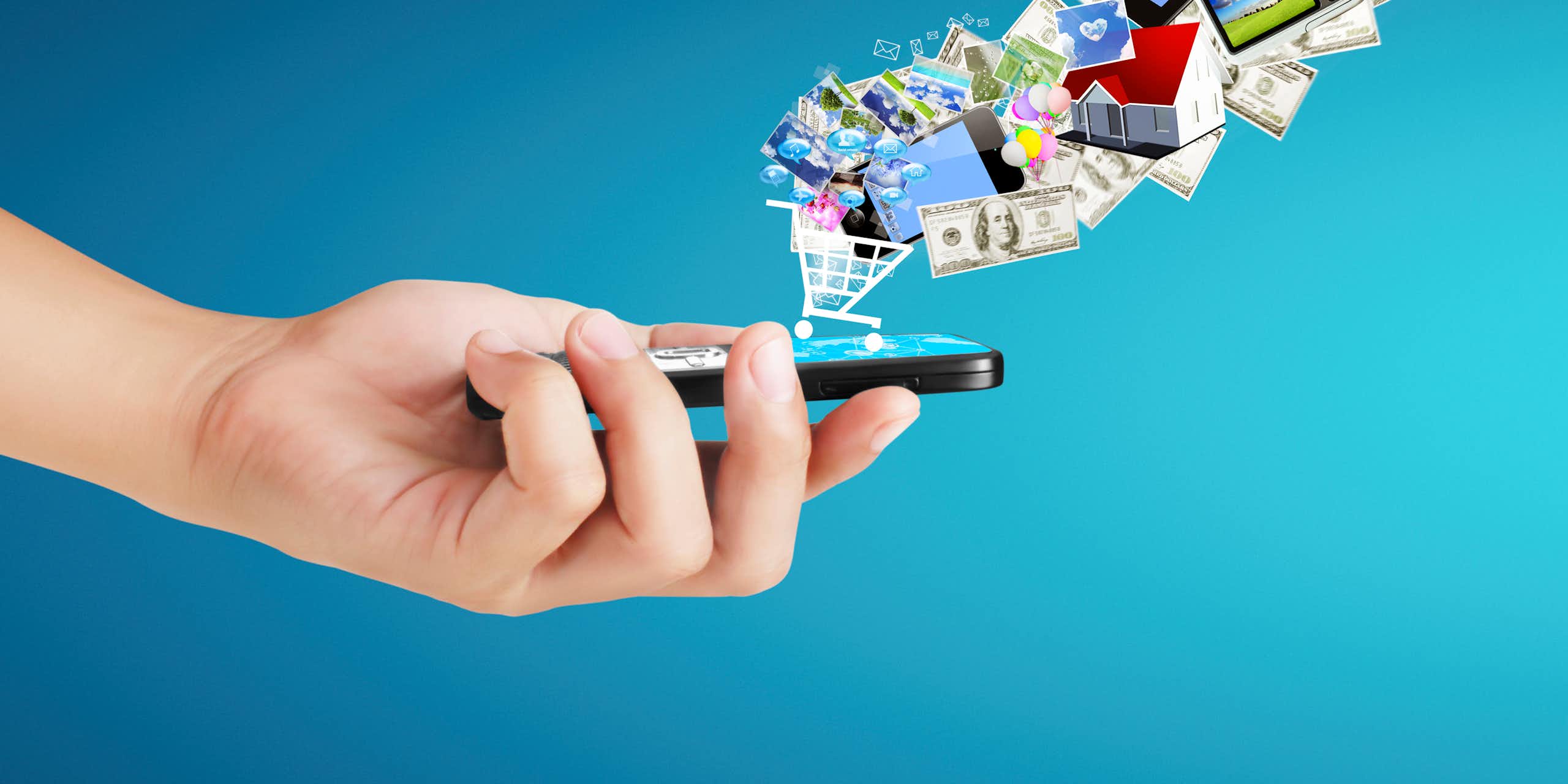 Illustration of hand holding smartphone with graphics of $100 bills and grocery carts and houses and books floating out of it.