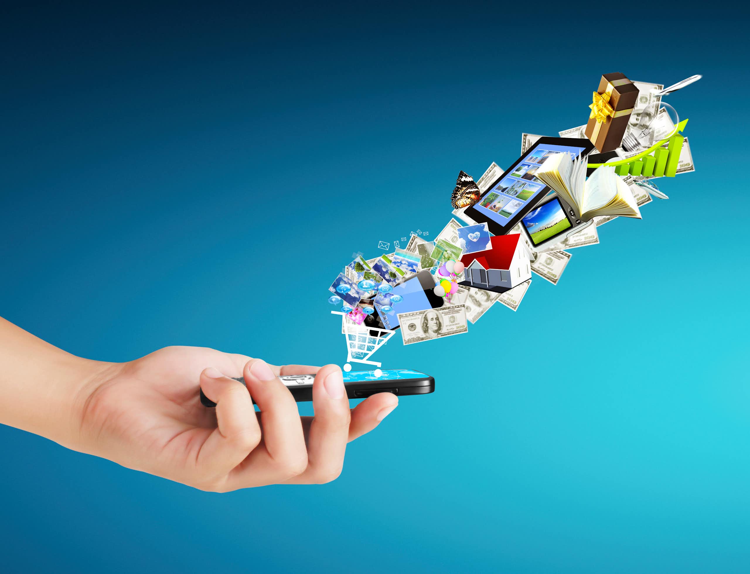 Illustration of hand holding smartphone with graphics of $100 bills and grocery carts and houses and books floating out of it.