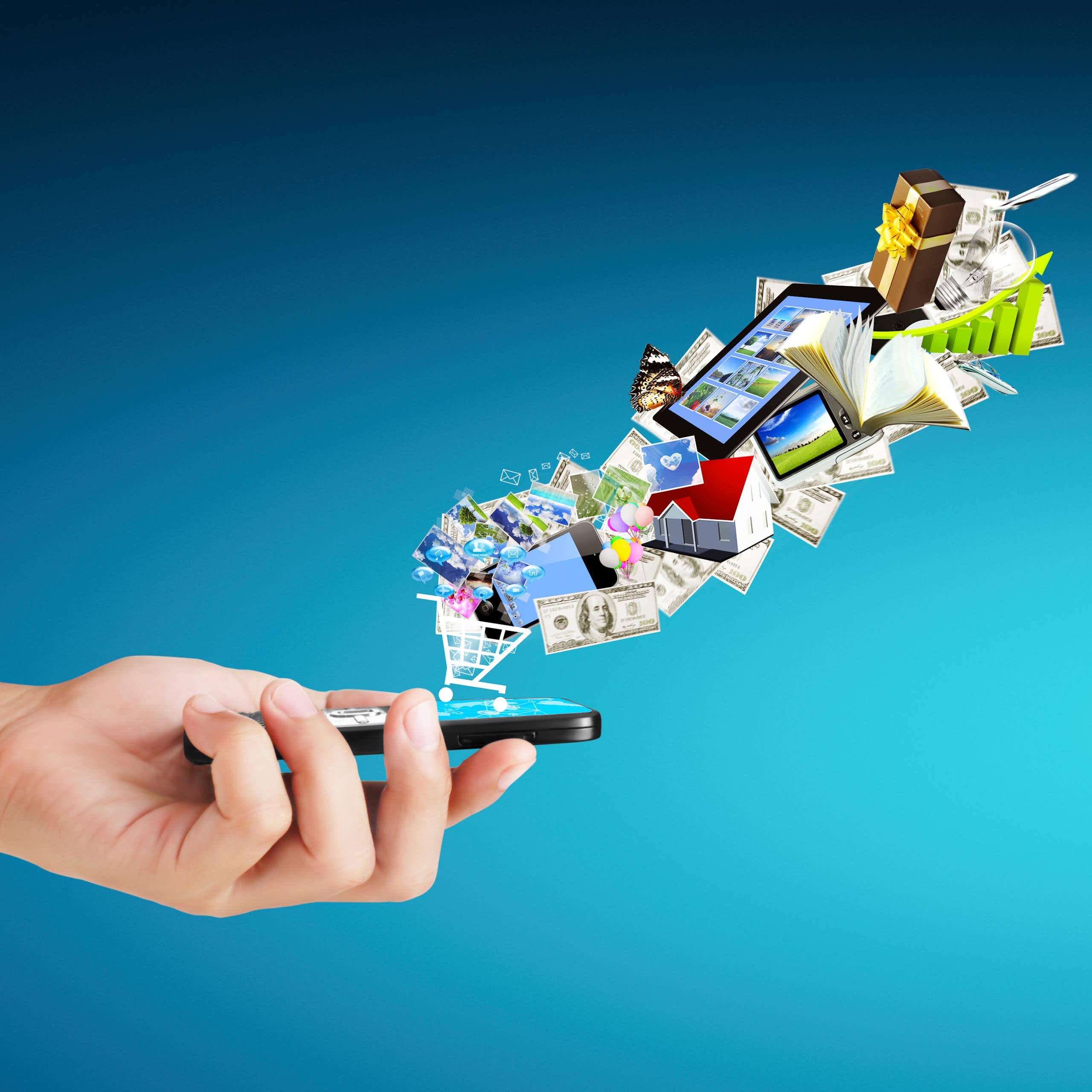 Illustration of hand holding smartphone with graphics of $100 bills and grocery carts and houses and books floating out of it.