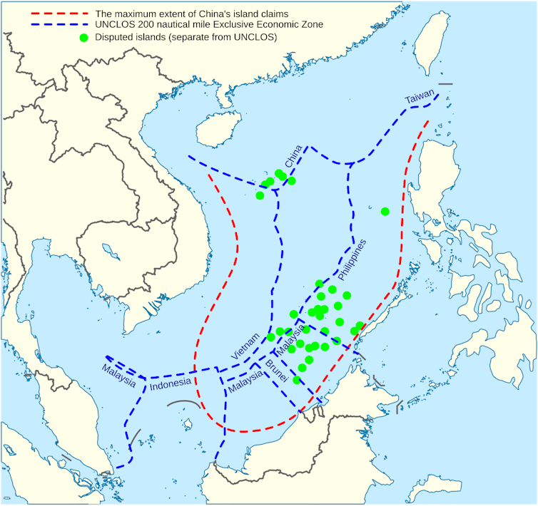 Carte des revendications territoriales chinoises en 2016 et de l’arbitrage rendu par la Convention des Nations unies sur le droit de la mer