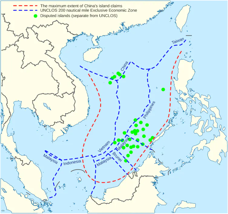 Carte des revendications territoriales chinoises en 2016 et de l’arbitrage rendu par la Convention des Nations unies sur le droit de la mer