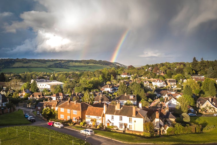 An aerial view of some middle-class houses in Surrey.