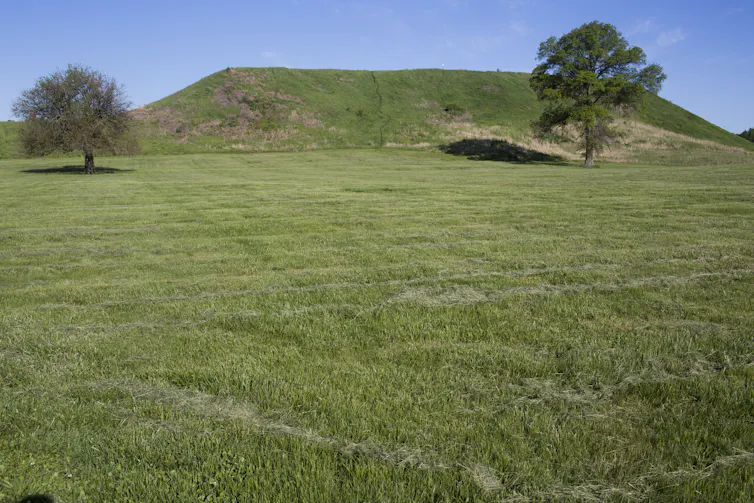A flat grassy meadow with a large mound rising up in the background.