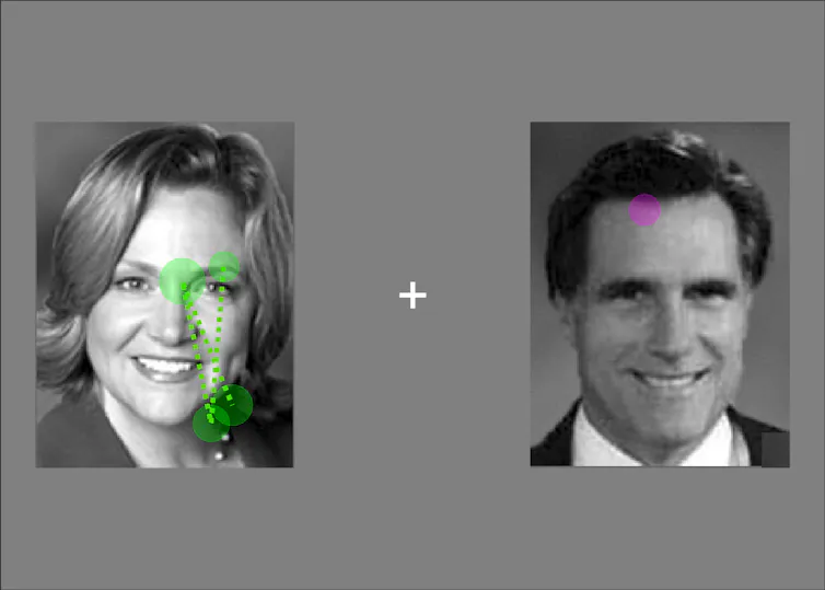black and white headshots of a woman and a man, with green markings on her face and a small purple mark on his