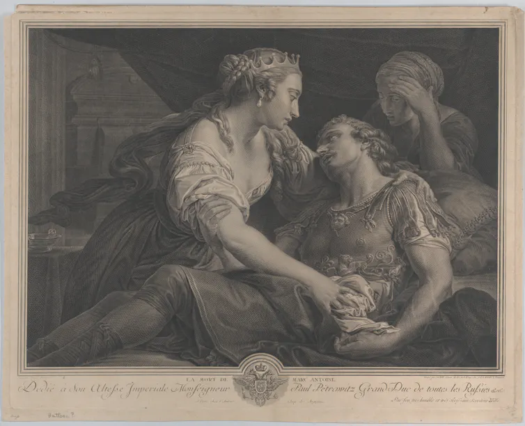 A painting titled The Death of Mark Antony with Cleopatra.