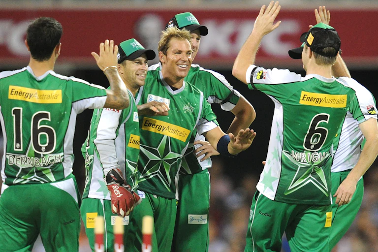 Shane Warne celebrates a wicket for the Melbourne Stars