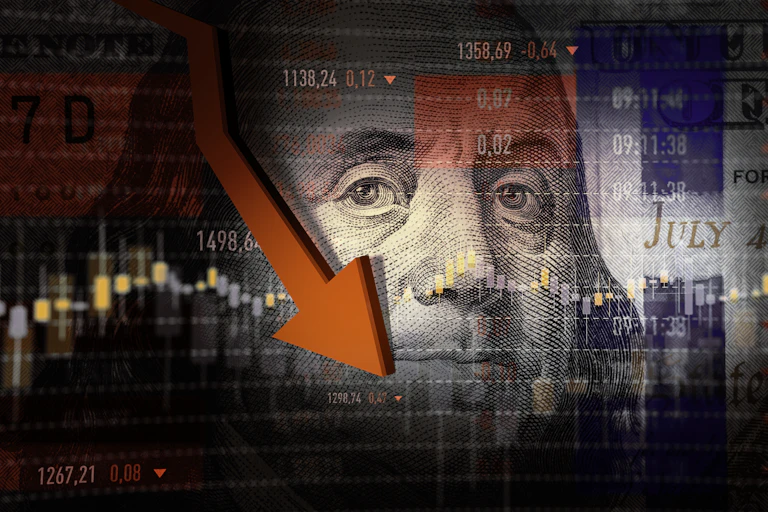 A photoillustration juxtaposing a $100 bill and stock market symbols.