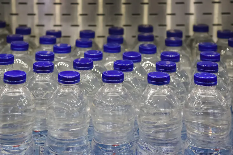 Rows of plastic water bottles.