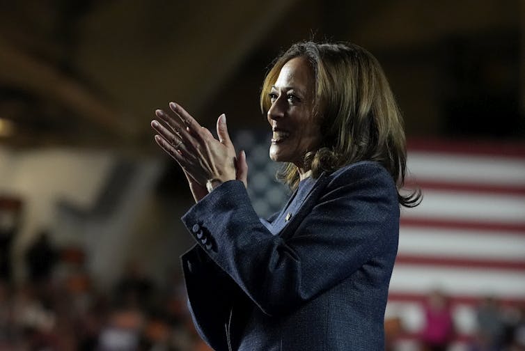 Democratic presidential nominee Vice President Kamala Harris speaks during a campaign rally at Jenison Field House on the campus of Michigan State University, Sunday, Nov. 3, 2024