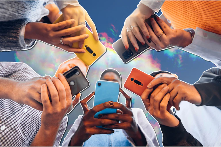 Photo collage of teenagars looking at their phones against a colourful cloudy sky.
