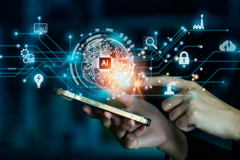Hands holding phone with tech symbols