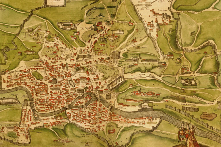 Mapa de una ciudad con un río que la cruza de lado al lado.