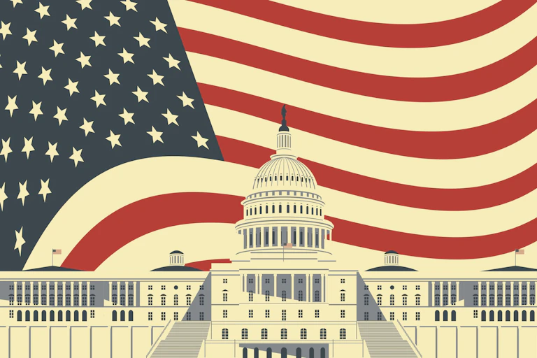 The US Capitol Building against a background of the American flag.