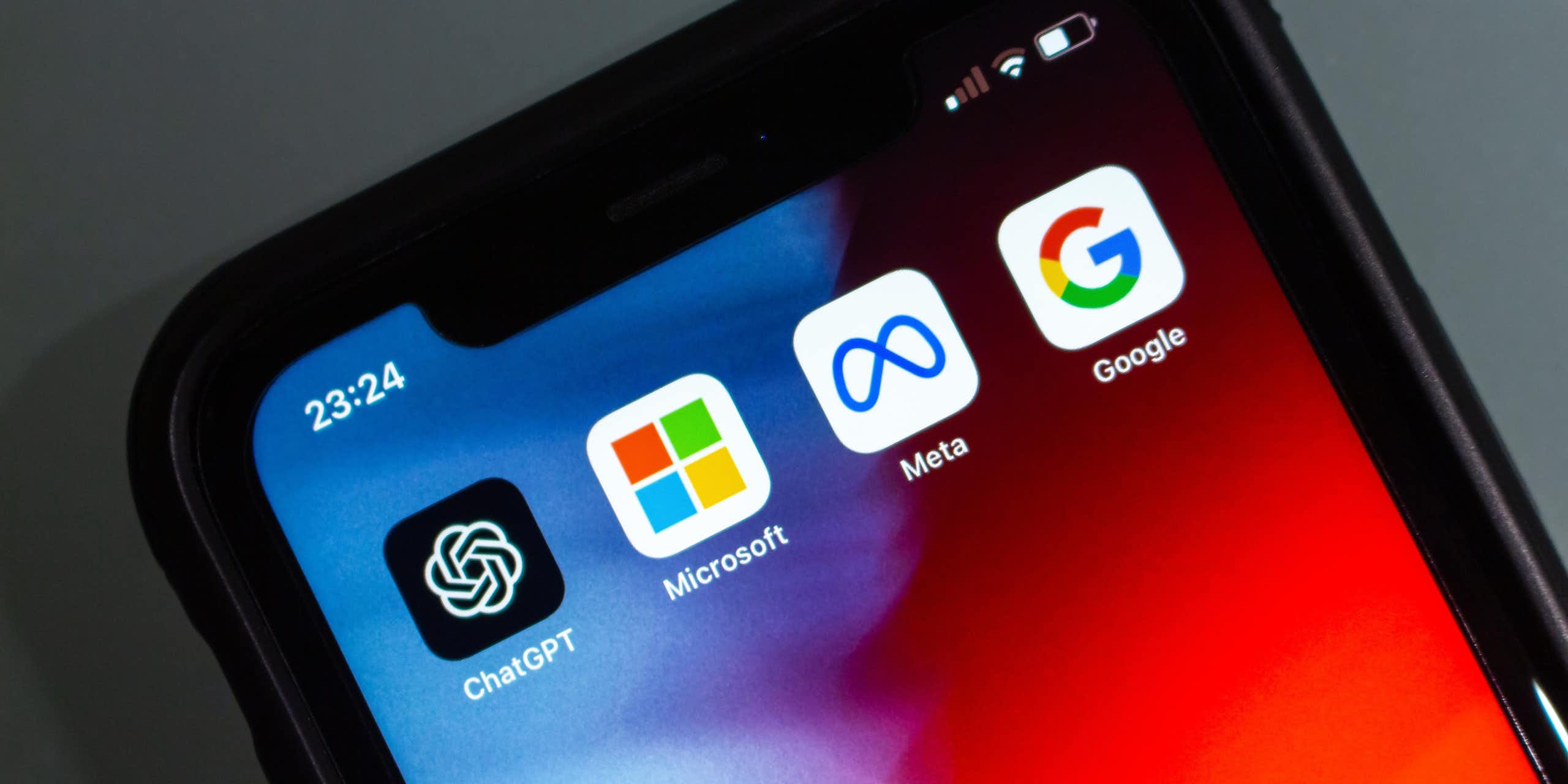 The upper third of a smartphone screen with app icons for ChatGPT, Microsoft, Meta and Google