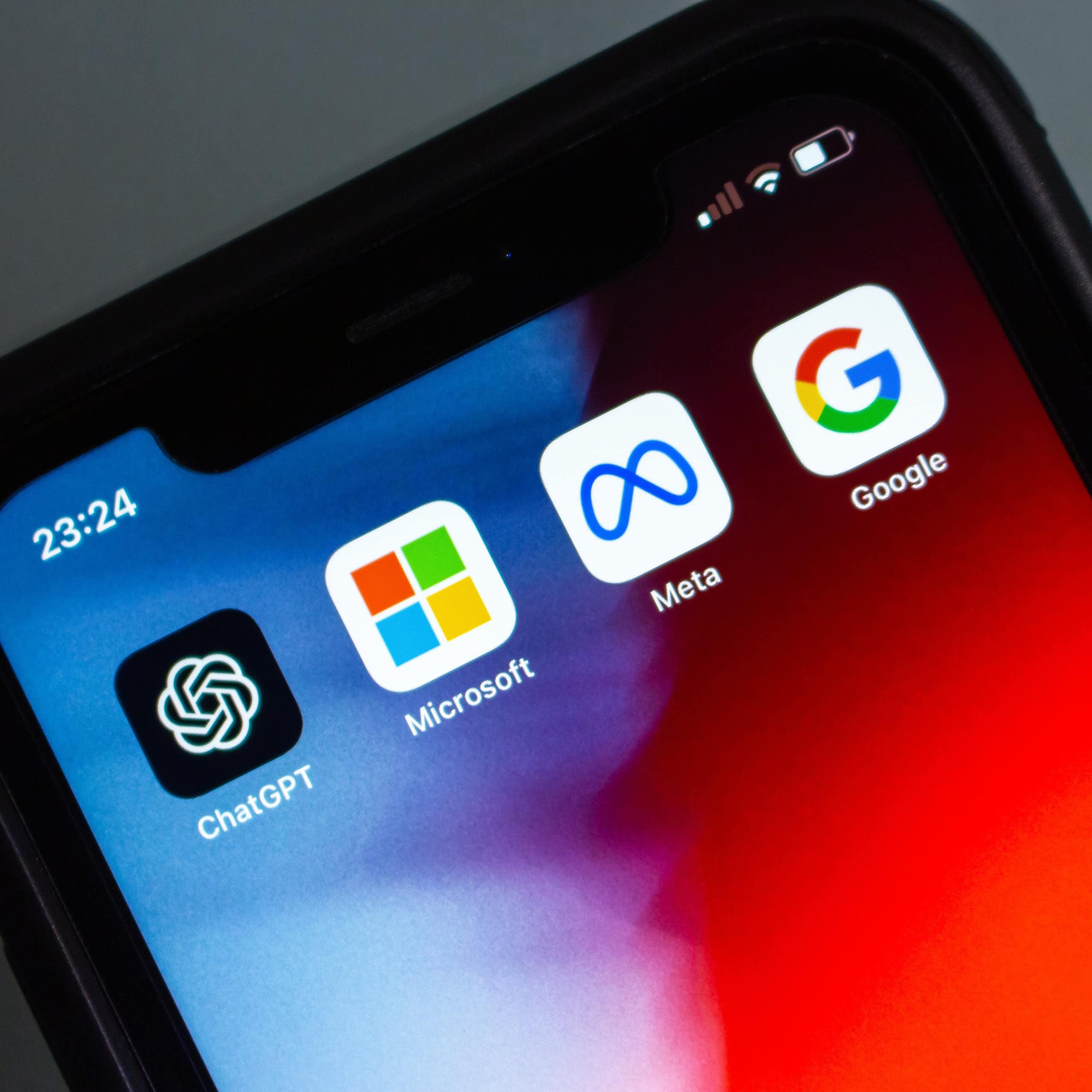 The upper third of a smartphone screen with app icons for ChatGPT, Microsoft, Meta and Google