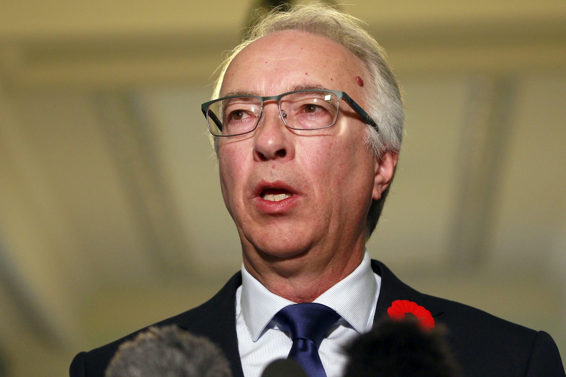 A man with grey hair and classes speaks.