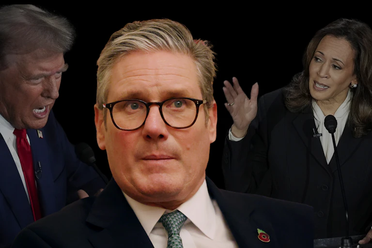 Composite image of Keir Starmer with the two presidential candidates faded in the background behind him