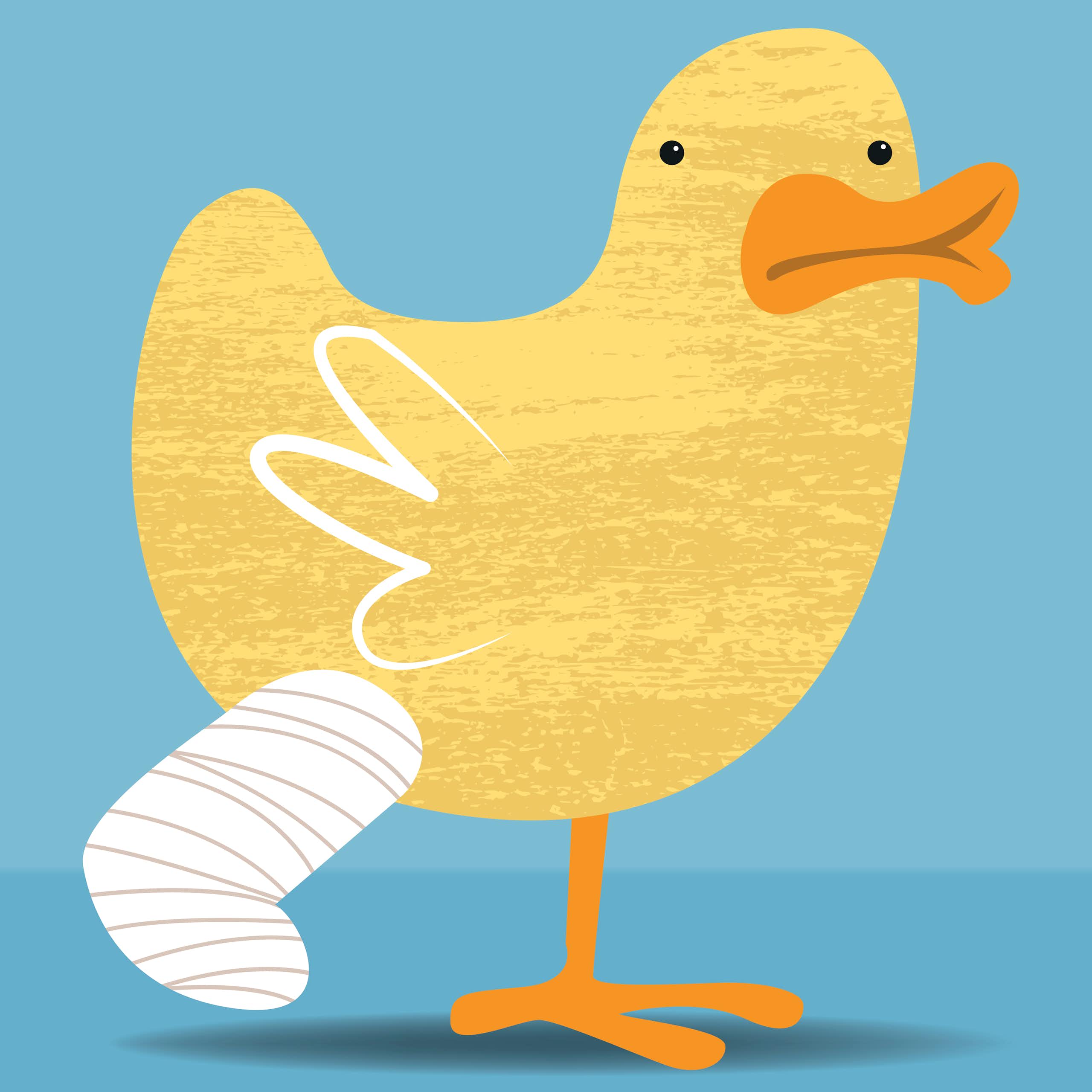 A drawing of a duck with bandages on one leg.