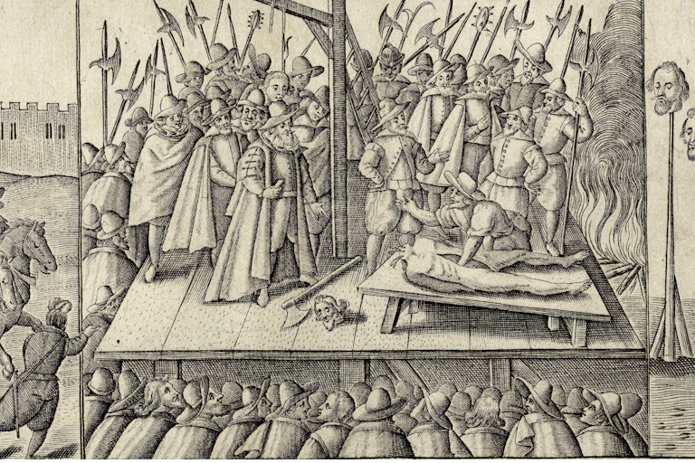 A 1606 drawing depicting the punishment of Fawkes and his co-conspirators.