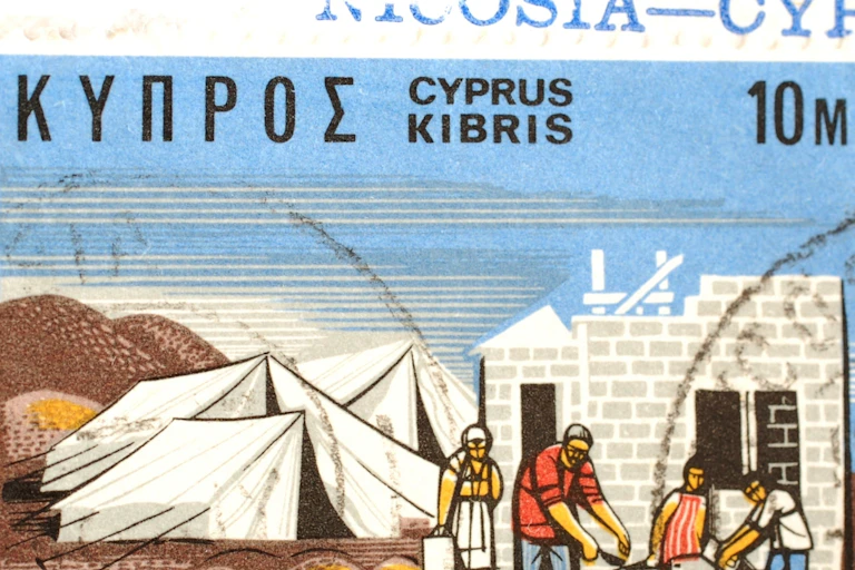 A 1976 stamp depicting a family of refugees in Cyprus