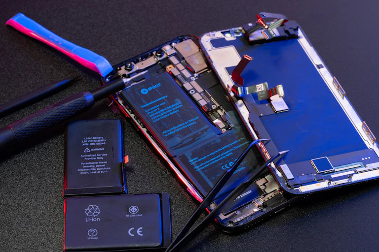 repair tools lie next to a disassembled mobile phone