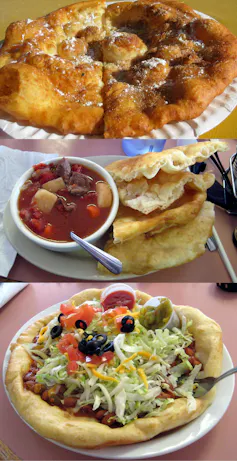 A collage with three different images showing frybread prepared in sweet and savoury dishes.