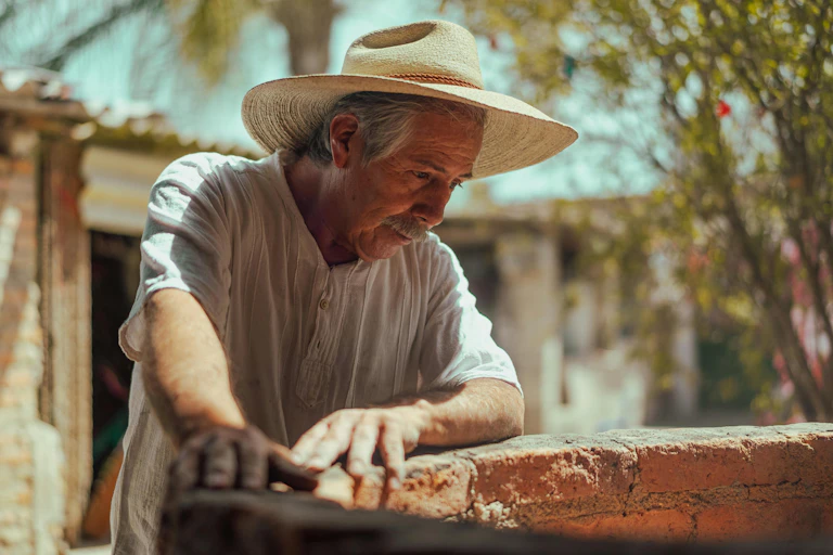 A senior man outdoors wearing a hat.