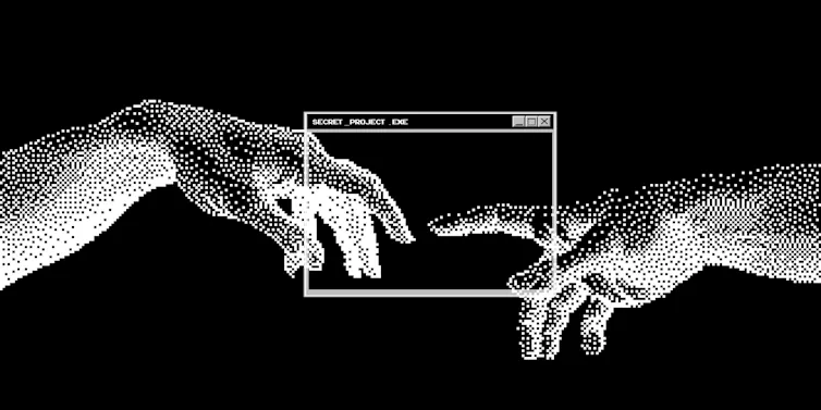 Concept for the creation of AI, the hands going to touch together look like the Michelangelo's art work.