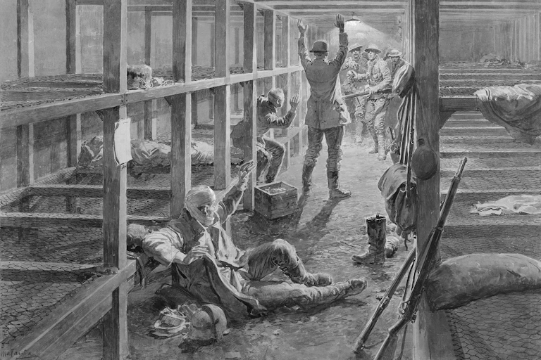 A black-and-white illustration of sleeping soldiers being captured during the first world war.