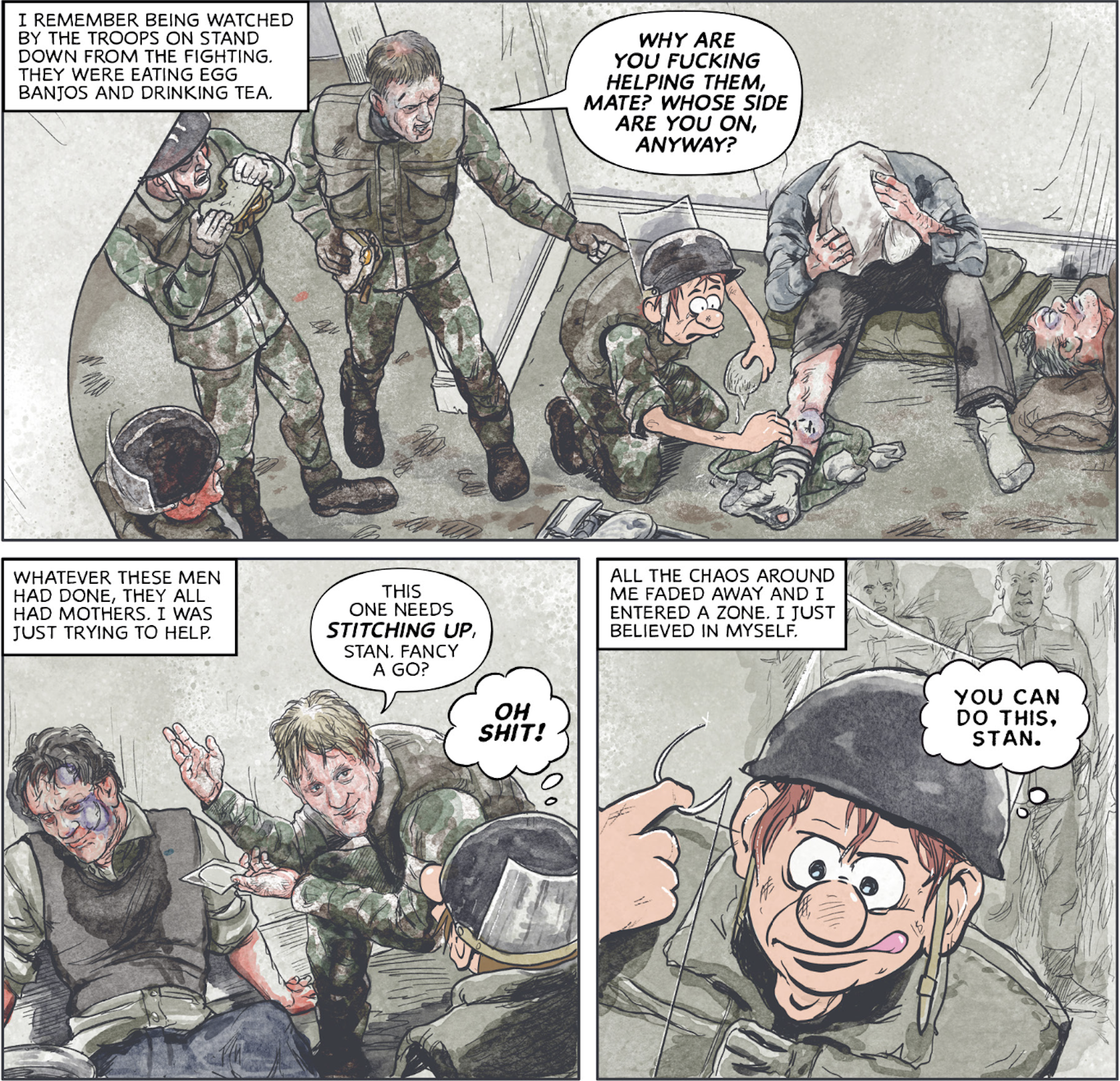 Three frames of a life-story comic strip.