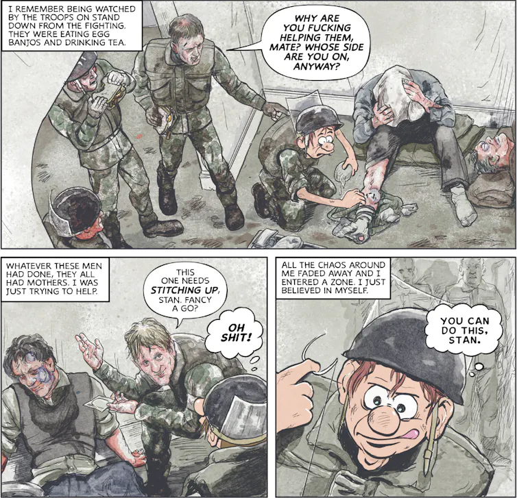 Three frames of a life-story comic strip.