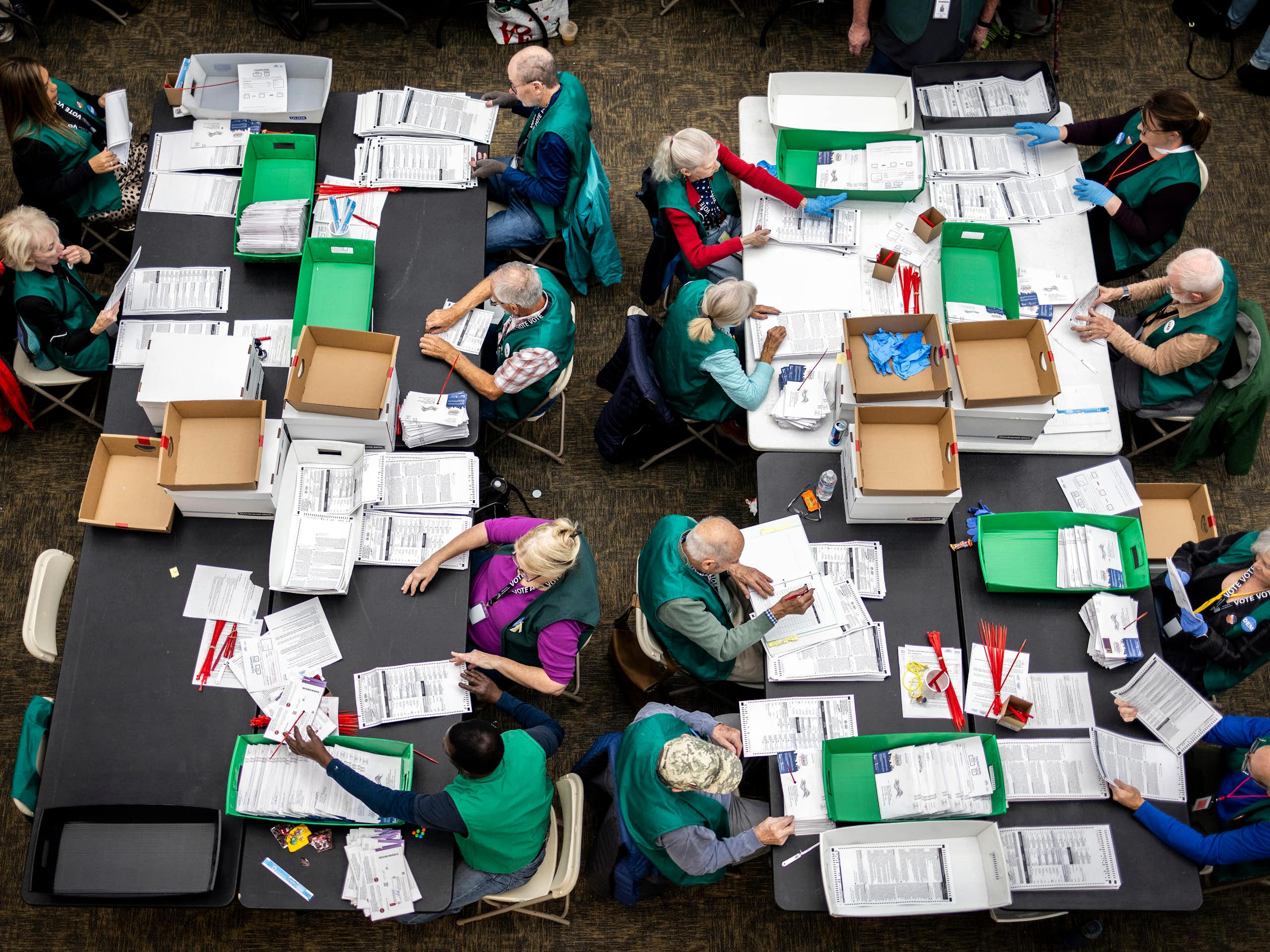 We have a birds eye view of two long tables where 14 people are seated and reviewing ballots