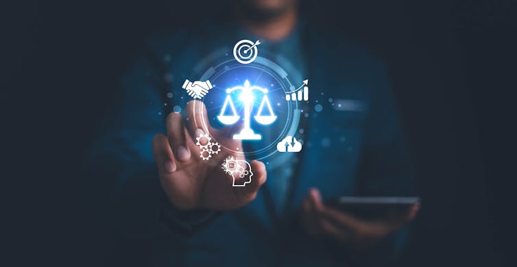 I ethics or AI Law concept. Developing AI codes of ethics. Compliance, regulation, standard , business policy and responsibility for guarding against unintended bias in machine learning algorithms.