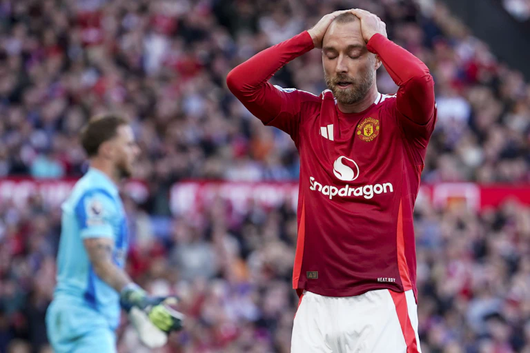 Manchester United's Christian Eriksen reacts after missing a chance.